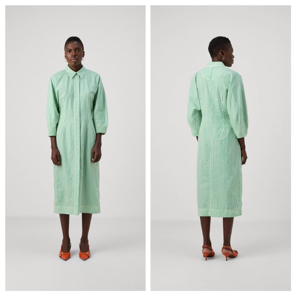 Day Birger et Mikkelsen Laurie Green Stripe Cotton Blend Midi Shirt Dress 42